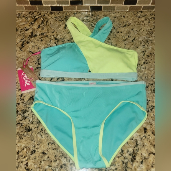 NWT Justice Girl's Aqua and Lime Halter Bikini Set Colorblock Size 16/18 - Picture 1 of 3